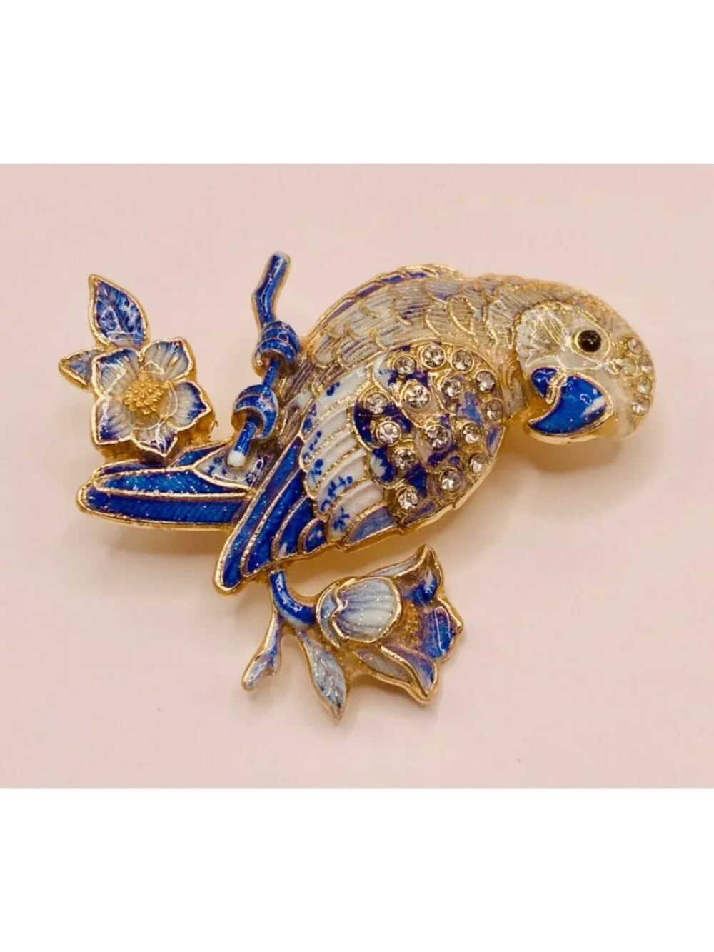 Blue & White Enamel Parrot Brooch Pin Floral Design Gold-Tone -32B